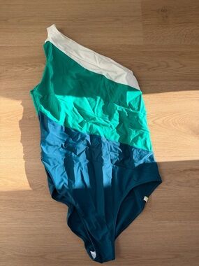summersalt White and Teal One-Shoulder Swimsuit